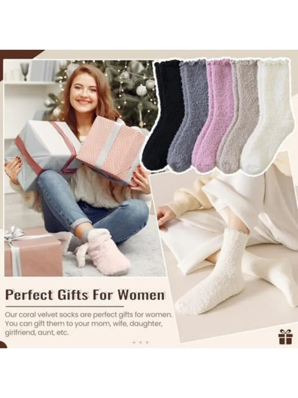 Cozy Fuzzy Ruffle Slipper Socks - Soft Plush Warm Winter Crew - 5 Pairs